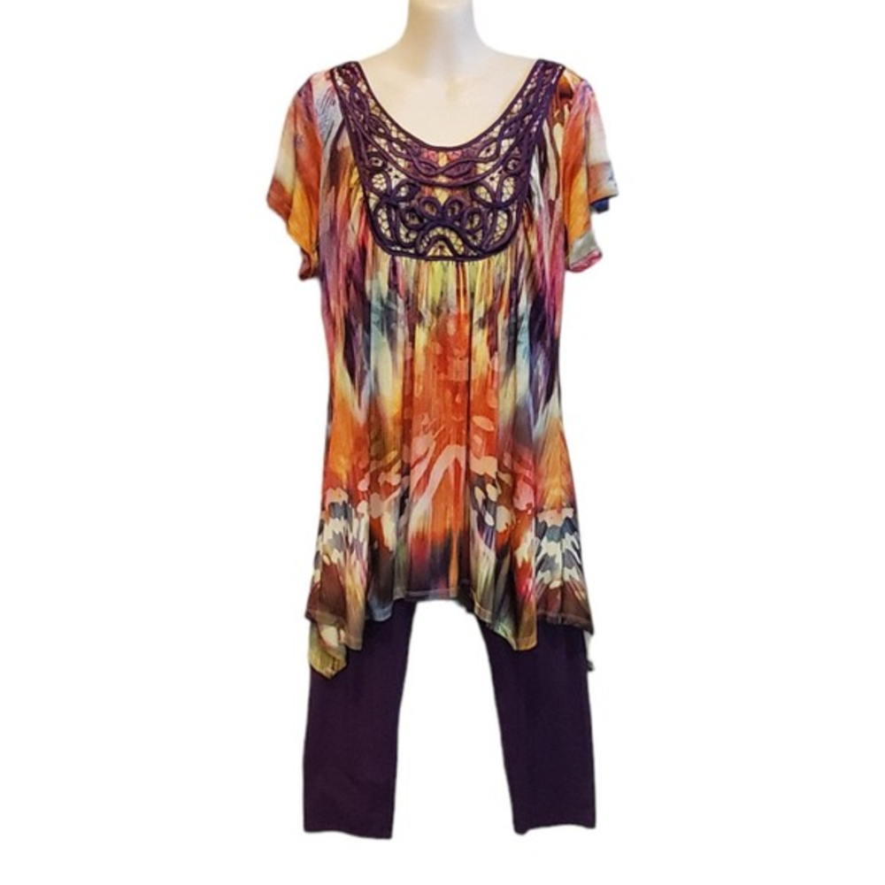 One World Purple Multi-color‎ 2 Piece Blouse and Capri Pants Set Sz Med
